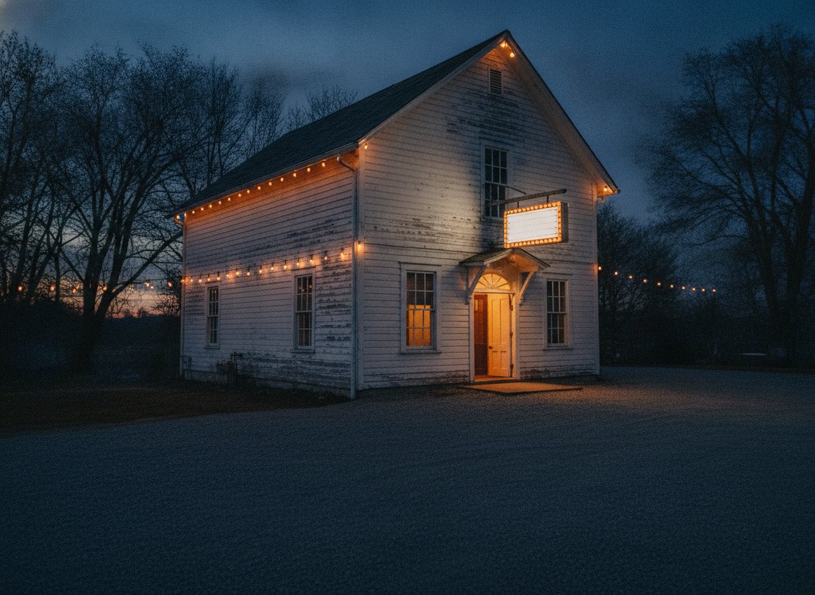 The grange hall at dusk, marquee glowing, string lights along the eaves
