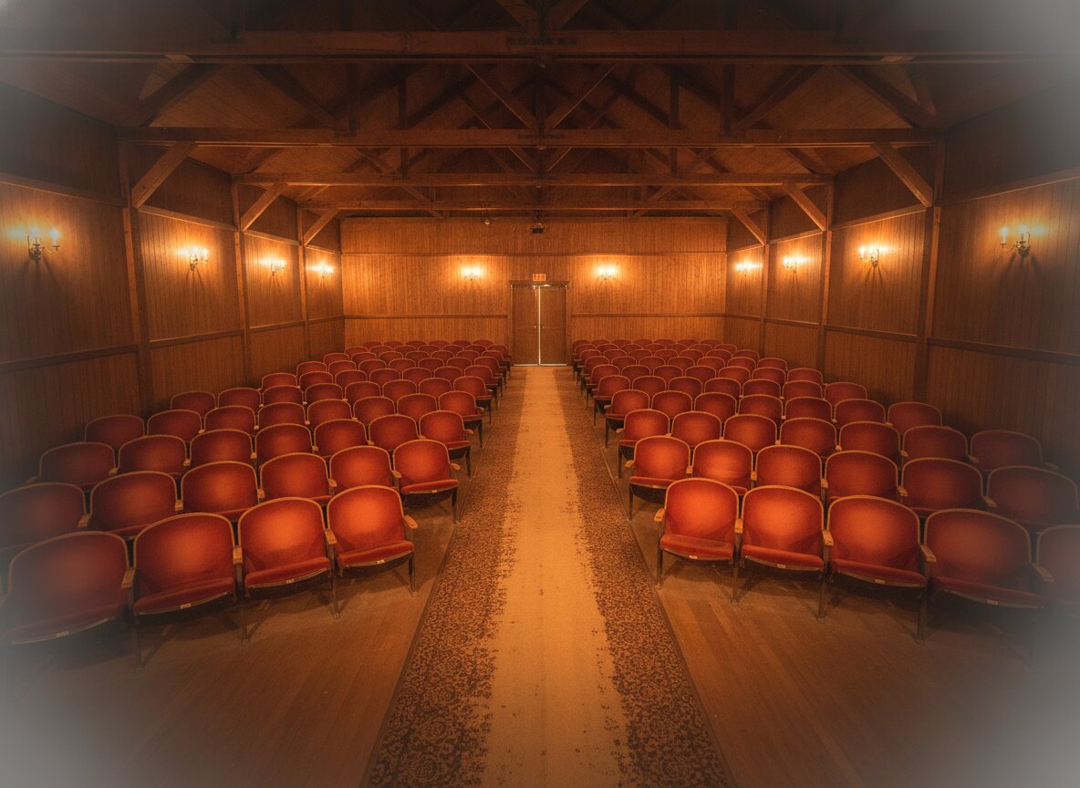 The house of worn red seats, seen from the stage