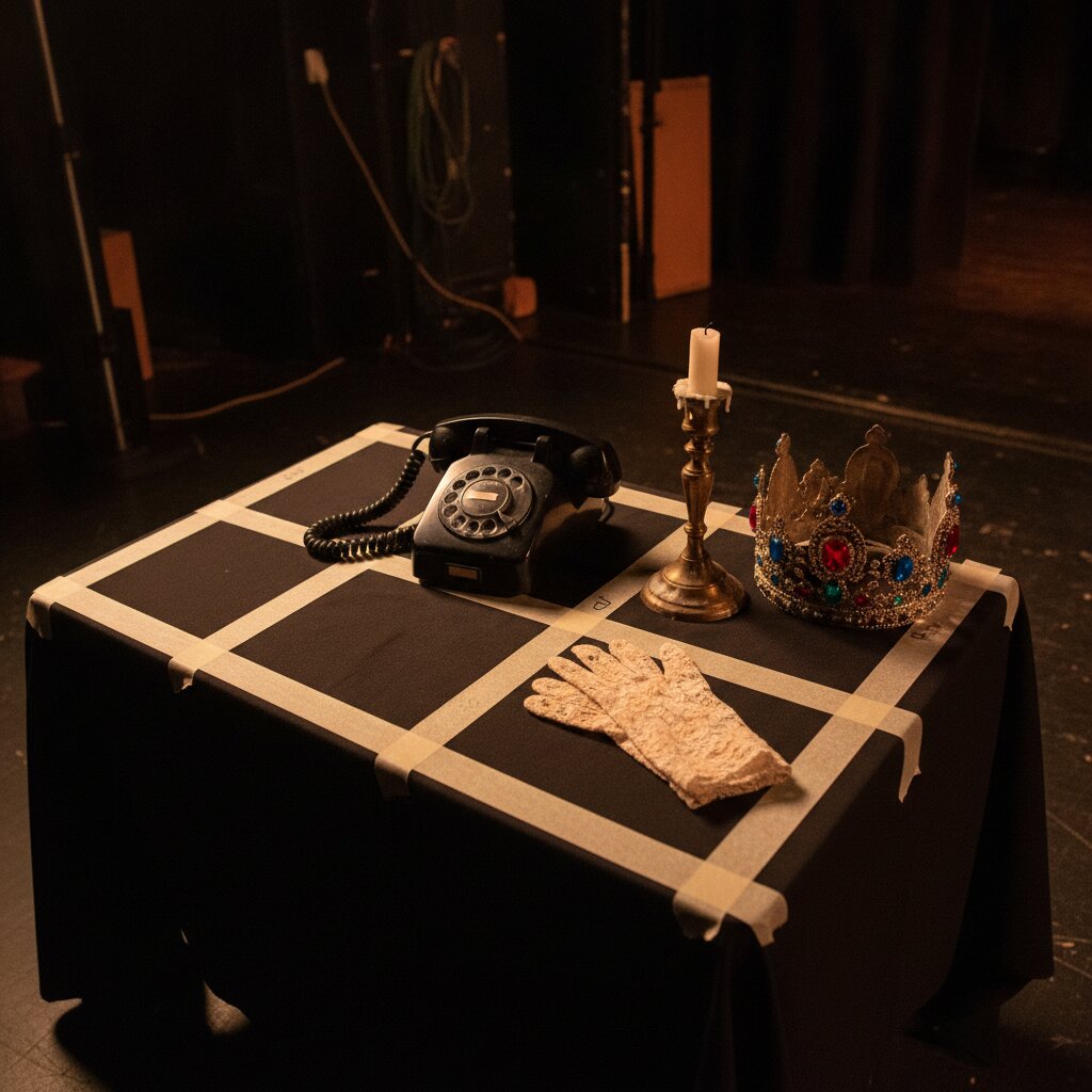 The props table: rotary phone, candlestick, and crown on labeled tape marks