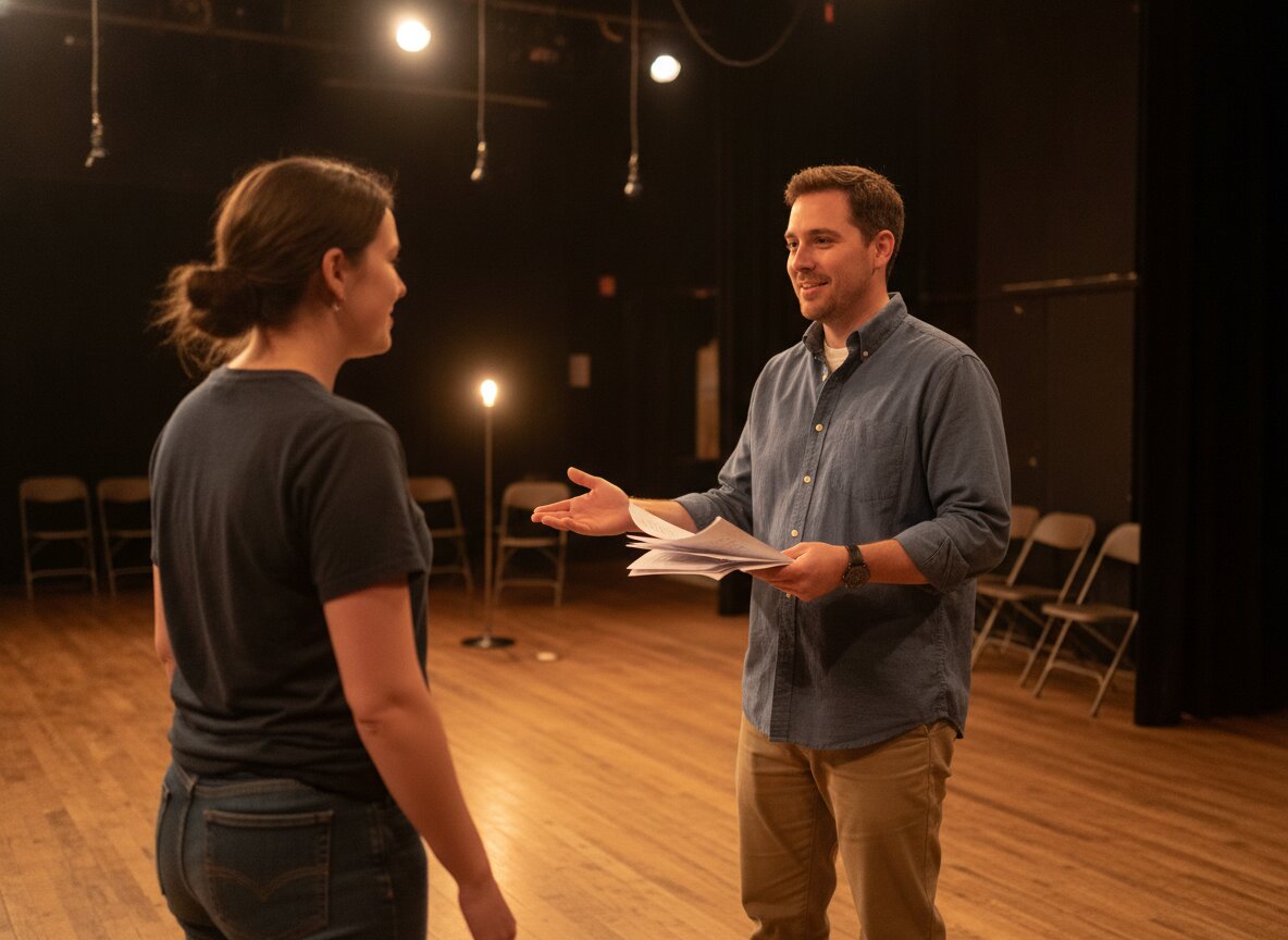 Two actors mid-scene under rehearsal lights, scripts in hand