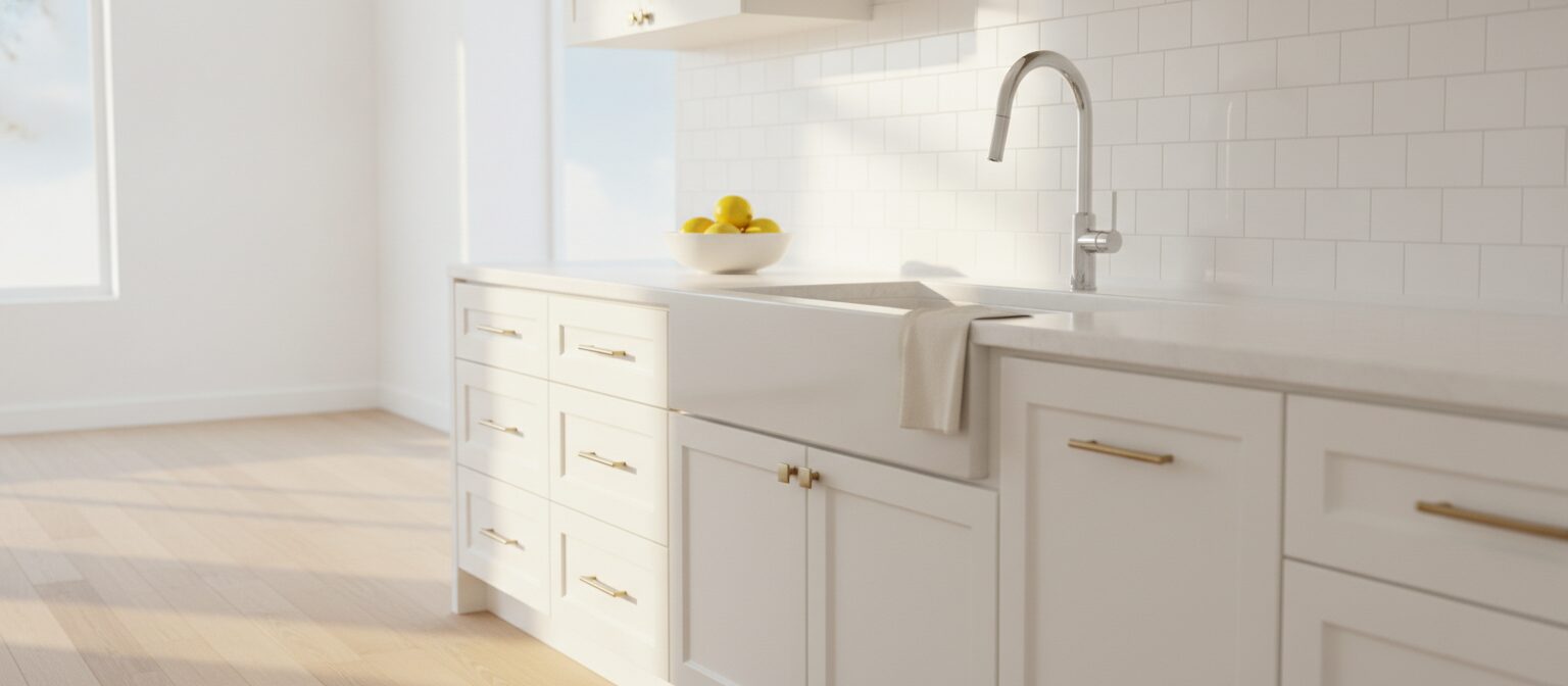 A spotless kitchen counter and sink with sunlight across the backsplash