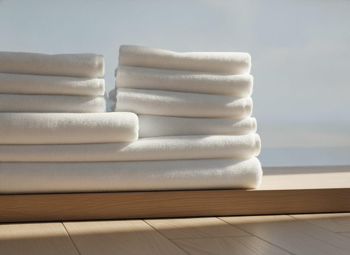 A neat stack of folded white towels and bed linen on a wooden shelf