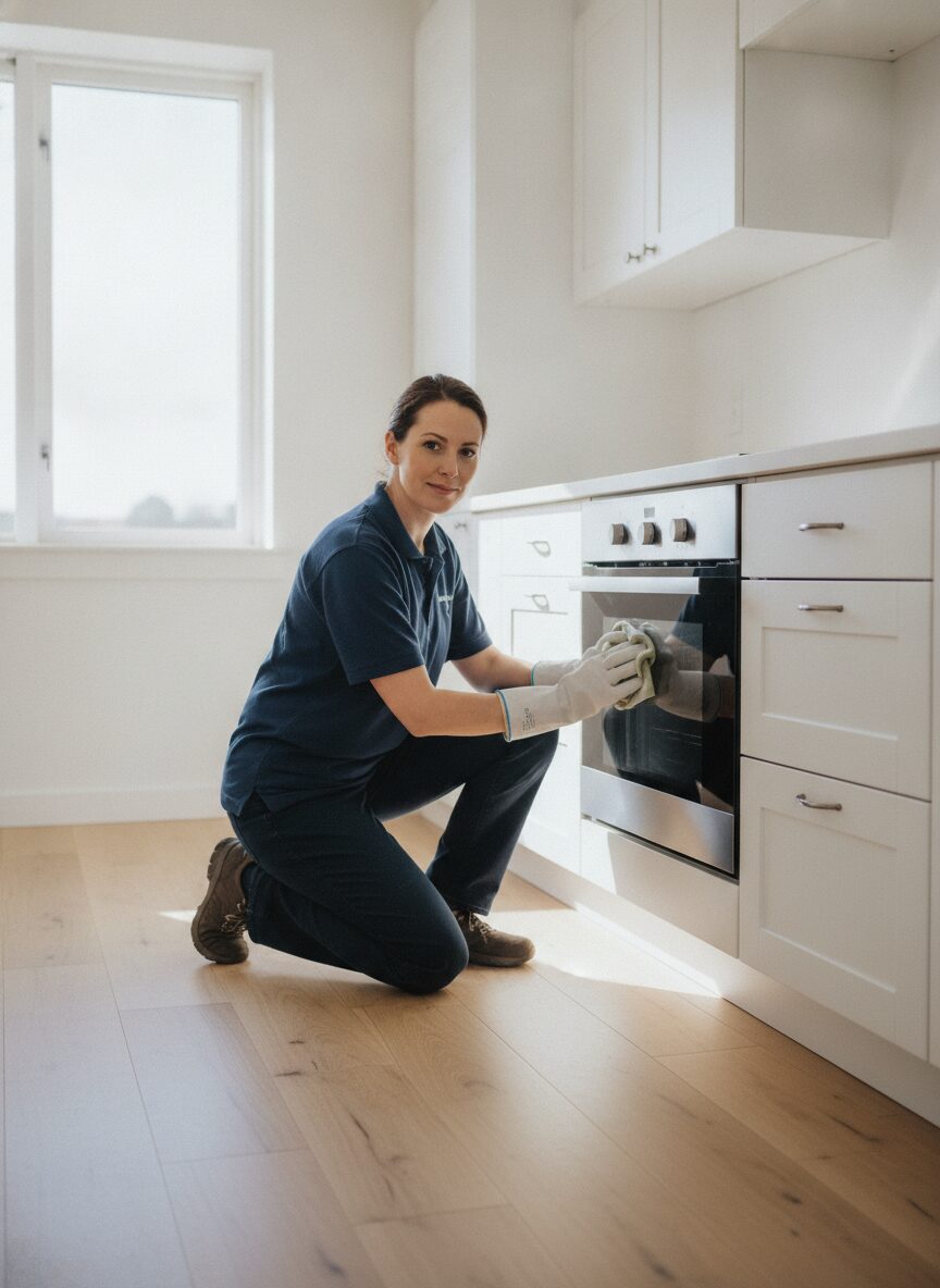 Awa Diallo, deep clean specialist, cleaning an oven door in an empty kitchen