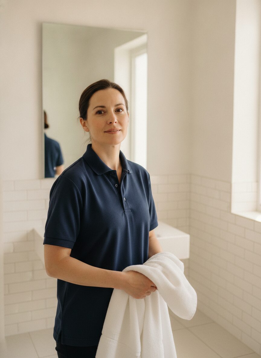 Dana Whitfield, lead cleaner, folding a towel in a bright bathroom