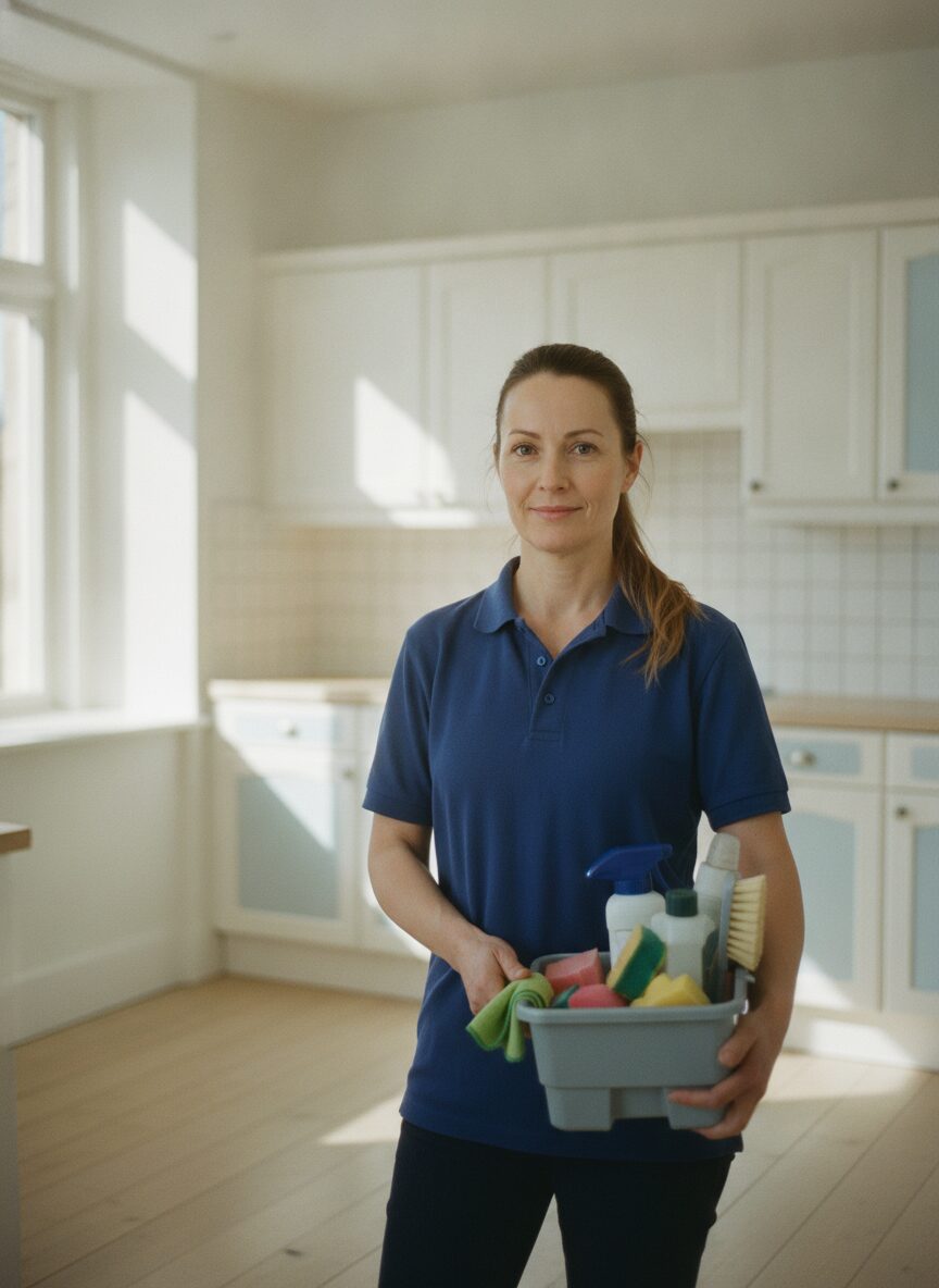 Marisol Vega, founder of Linen, in a clean kitchen holding a caddy of supplies