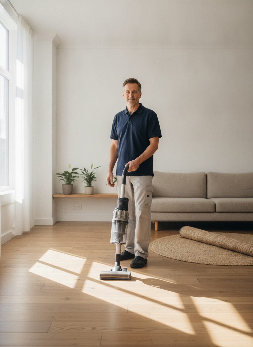 Tomas Ibarra, lead cleaner, vacuuming a sunlit living room