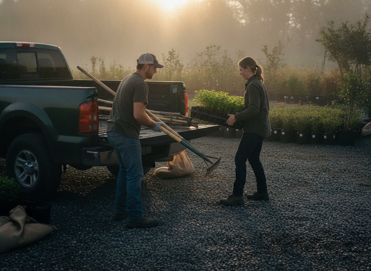 Nell and Marco loading tools and young plants into the truck at sunrise