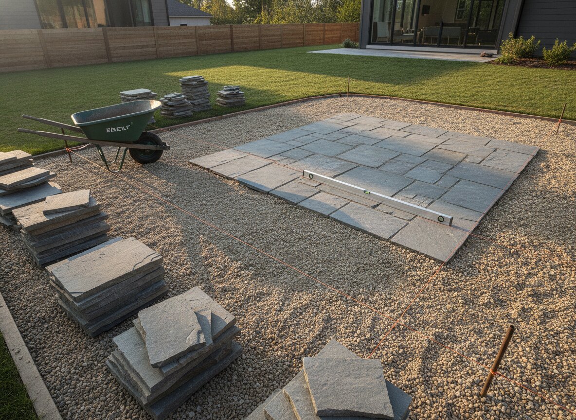 A dry-stone patio mid-construction on a tidy site in morning light