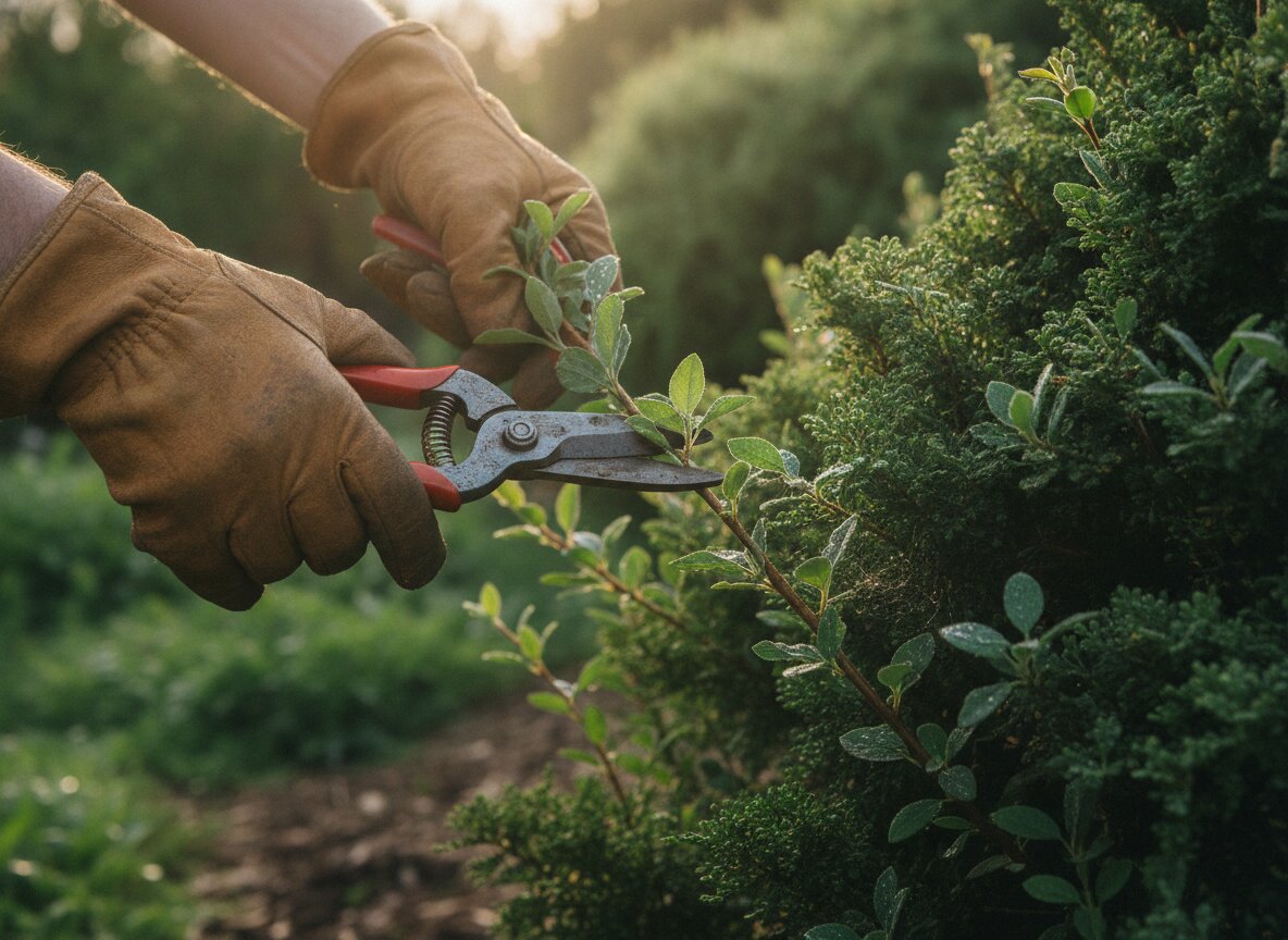 Gloved hands pruning a shrub with secateurs, deep green garden behind