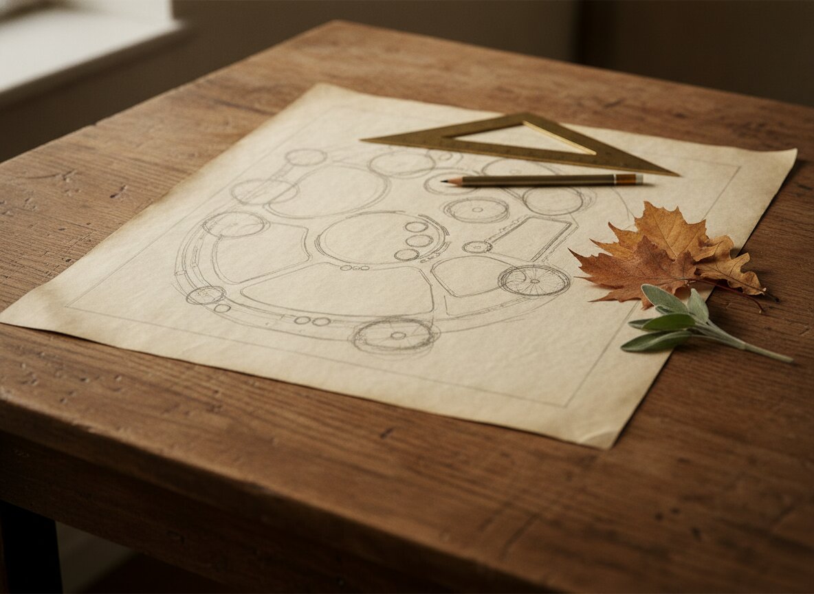 A hand-drawn garden plan in pencil on a wood table