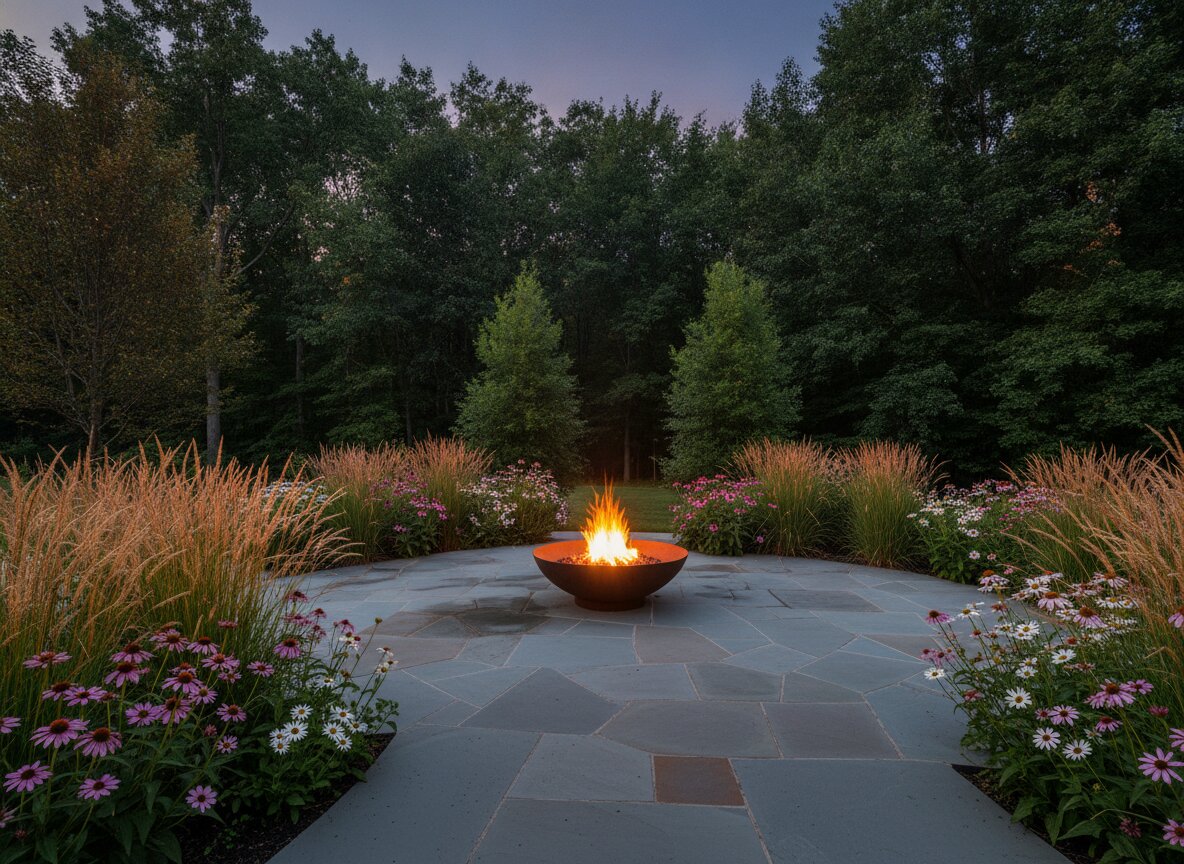 A finished backyard at dusk: bluestone patio, fire bowl, native plantings