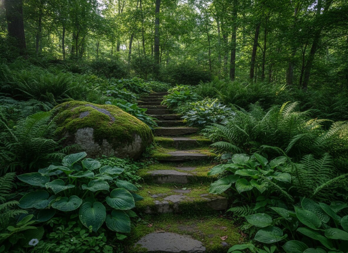 Stone steps climbing through a shaded fern garden in dappled light