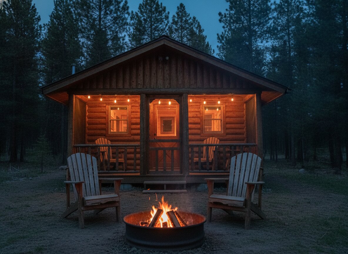 Otter cabin at dusk, porch chairs and a string of lights, a small fire in the ring