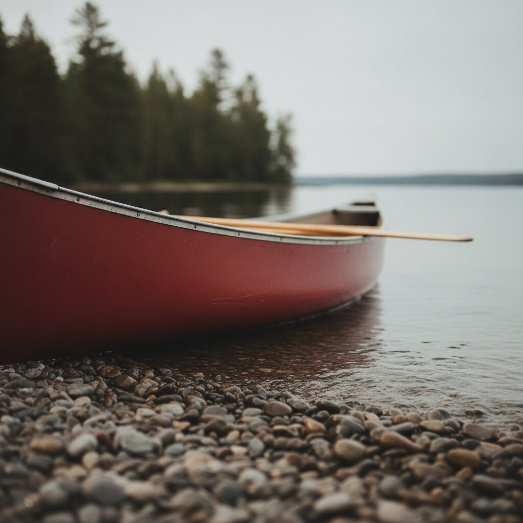 A red canoe pulled up on the pebble shore with a paddle across the gunwales