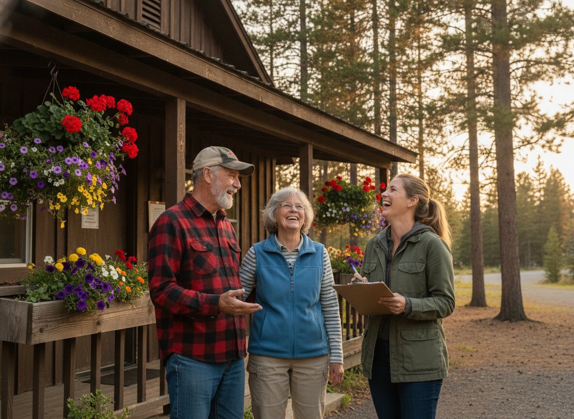 Walt, June, and Corinne Ashby laughing in front of the Lodgepole office
