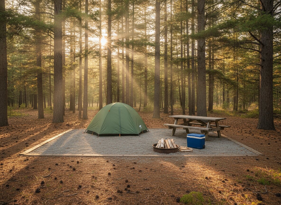 Tent site T22 on the pine loop: a tent on a gravel pad, picnic table, and fire ring under tall pines