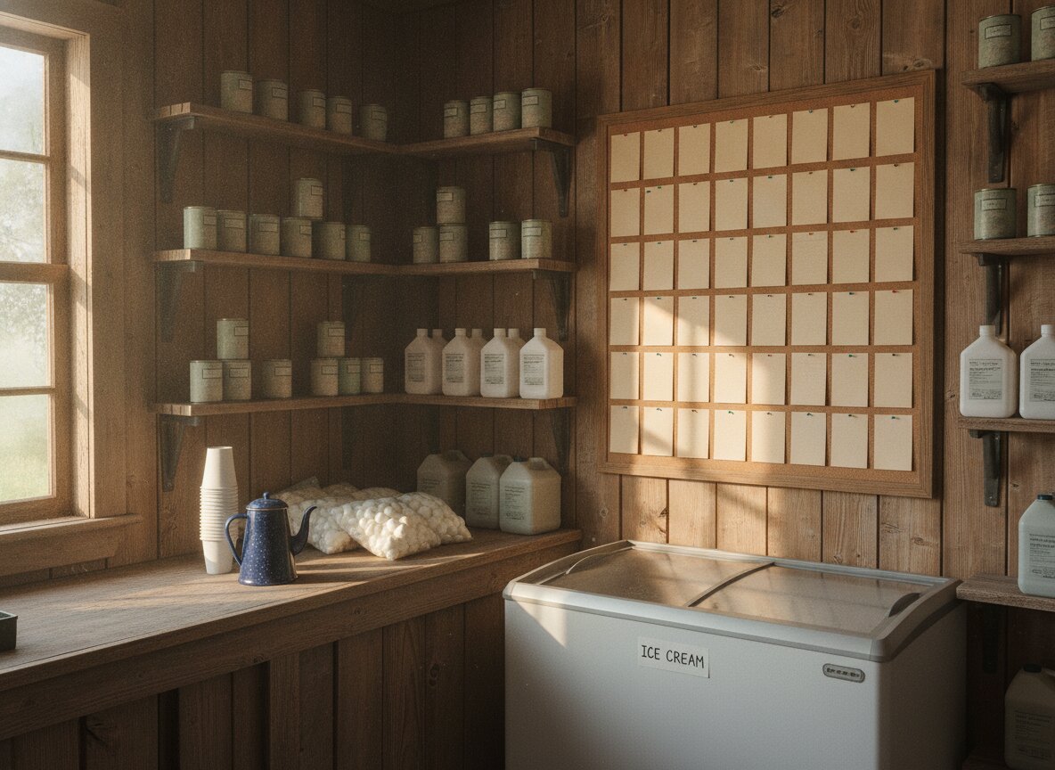 Inside the camp store: plank walls, stocked shelves, and an enamel coffee pot on the counter