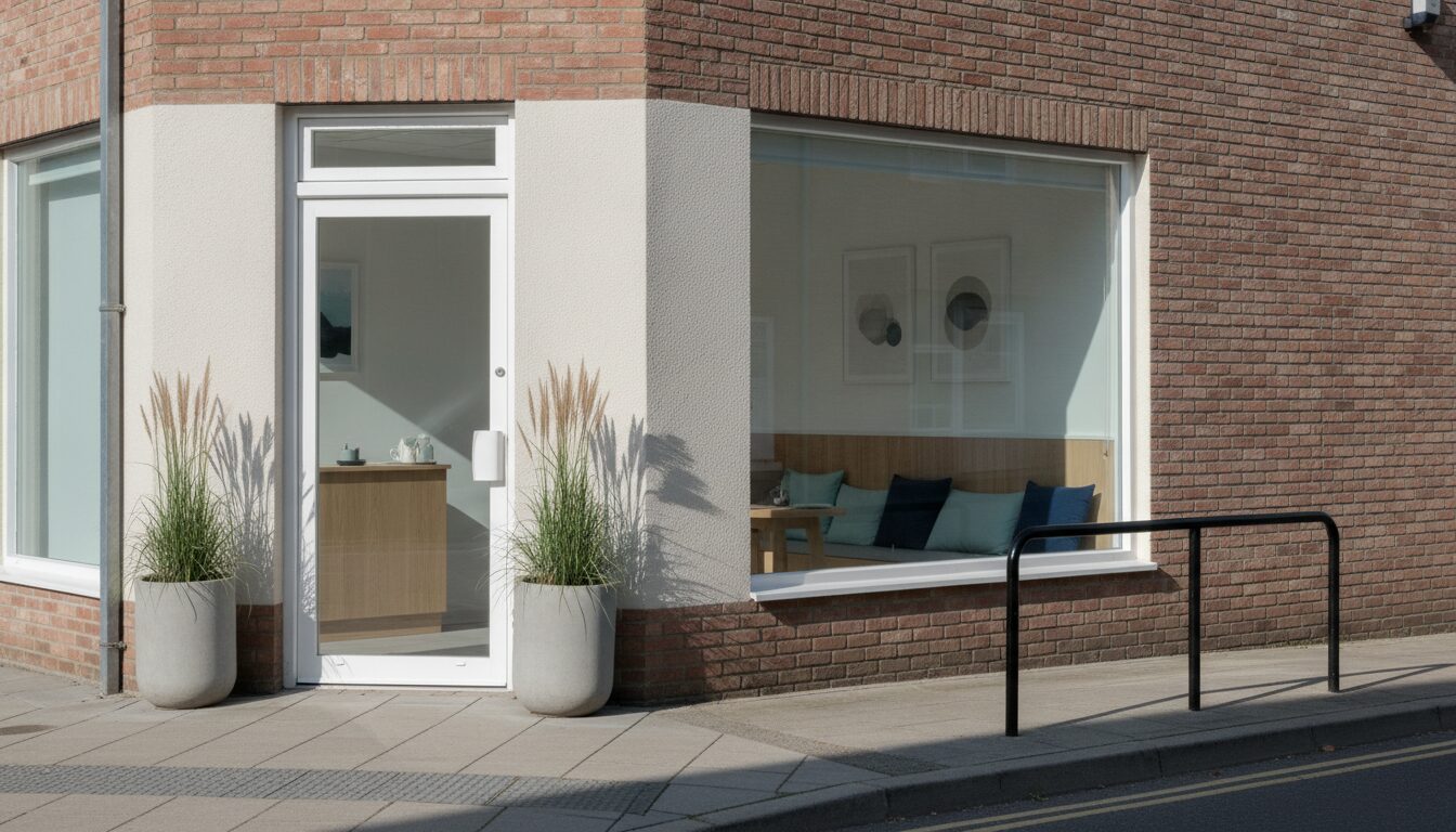 The front of the Lumen practice on a quiet street, glass door and planters in daylight