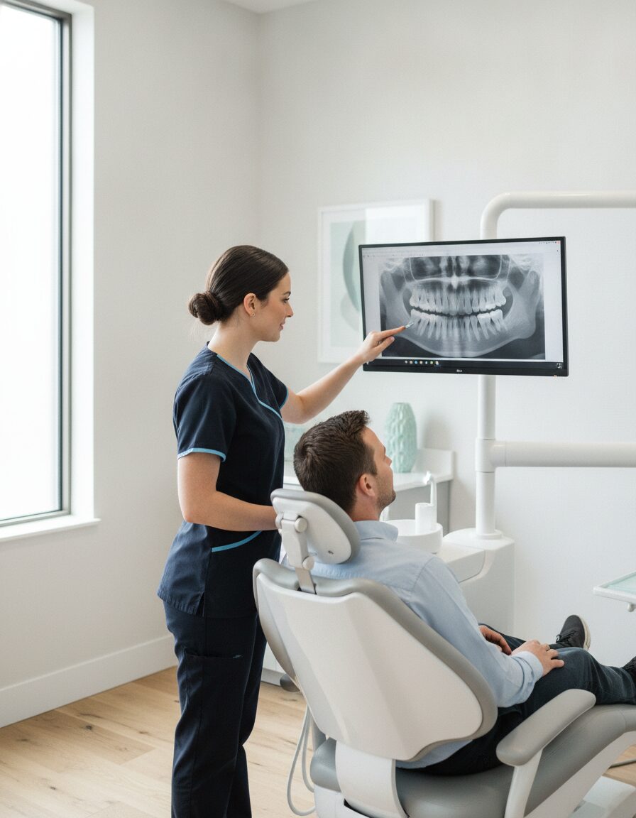 A hygienist turning a monitor toward a seated patient to show a dental x-ray