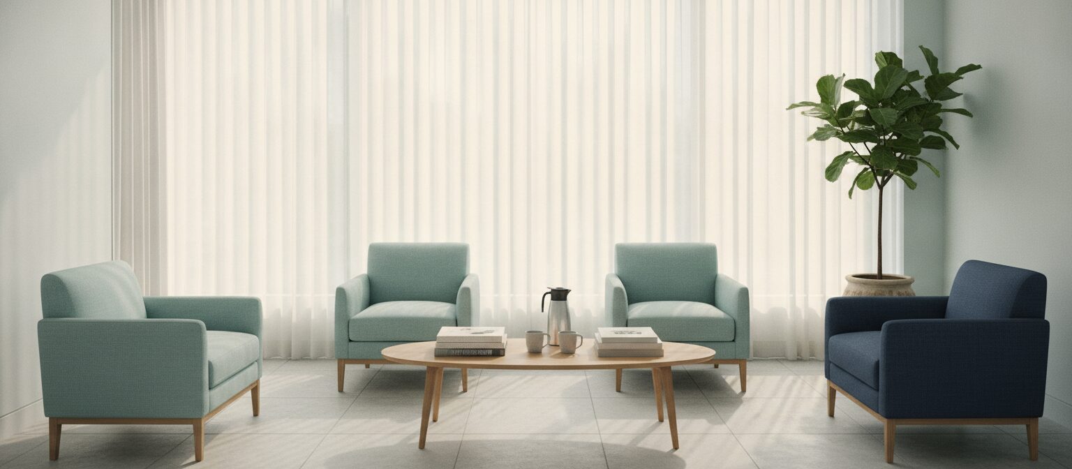 A light waiting room with linen chairs, a low oak table, and daylight through tall windows