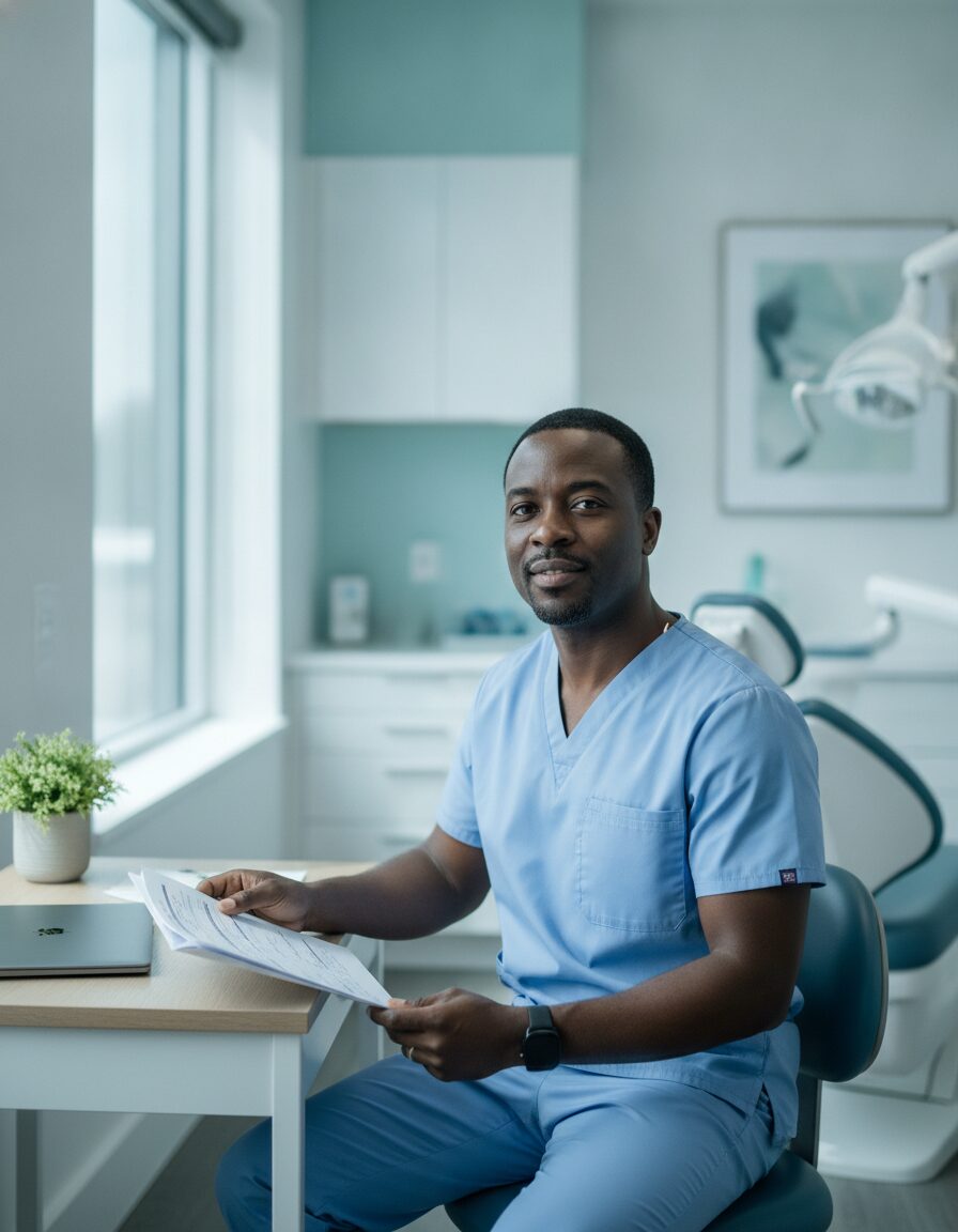 Dr. Owen Baptiste seated at a desk in the practice, reviewing a chart