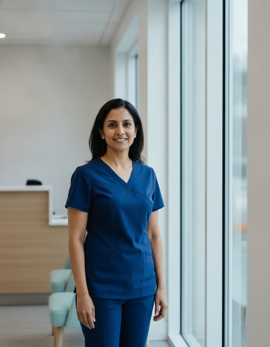 Dr. Priya Raman in scrubs, standing by a window in the practice, smiling