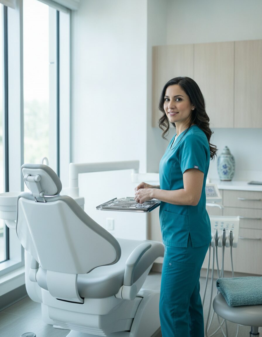 Marisol Vega, dental hygienist, arranging instruments beside a treatment chair
