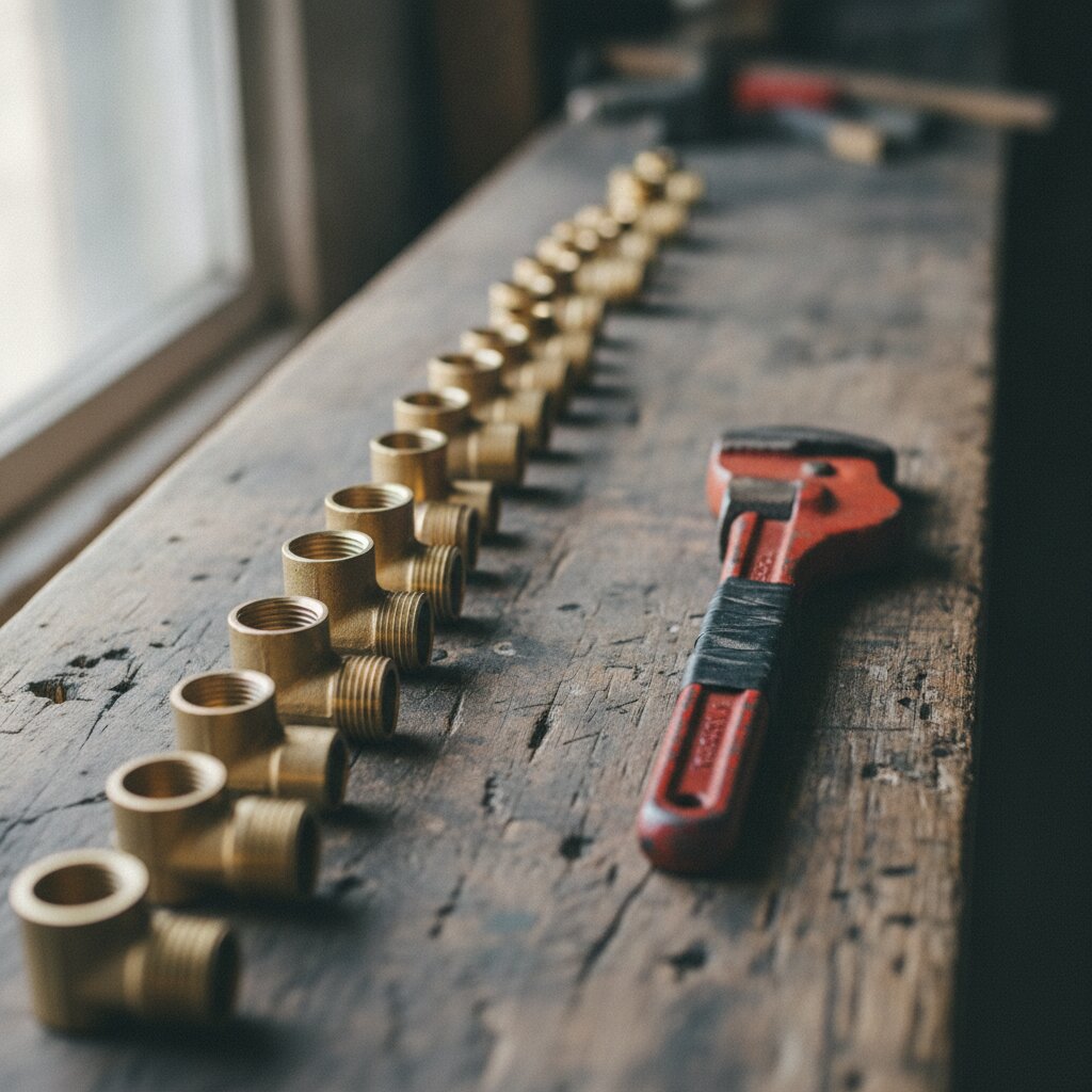 Brass fittings and a pipe wrench on a workbench