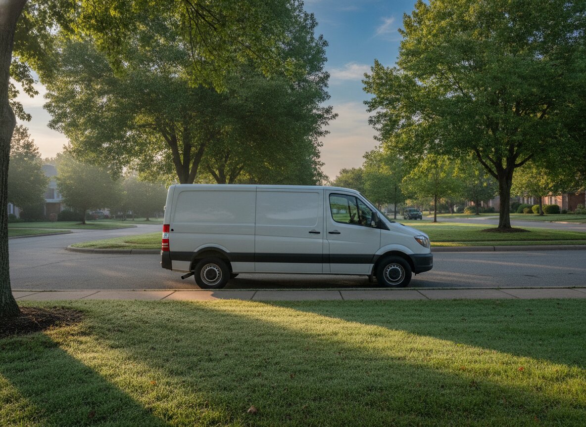 A clean service van at a suburban curb