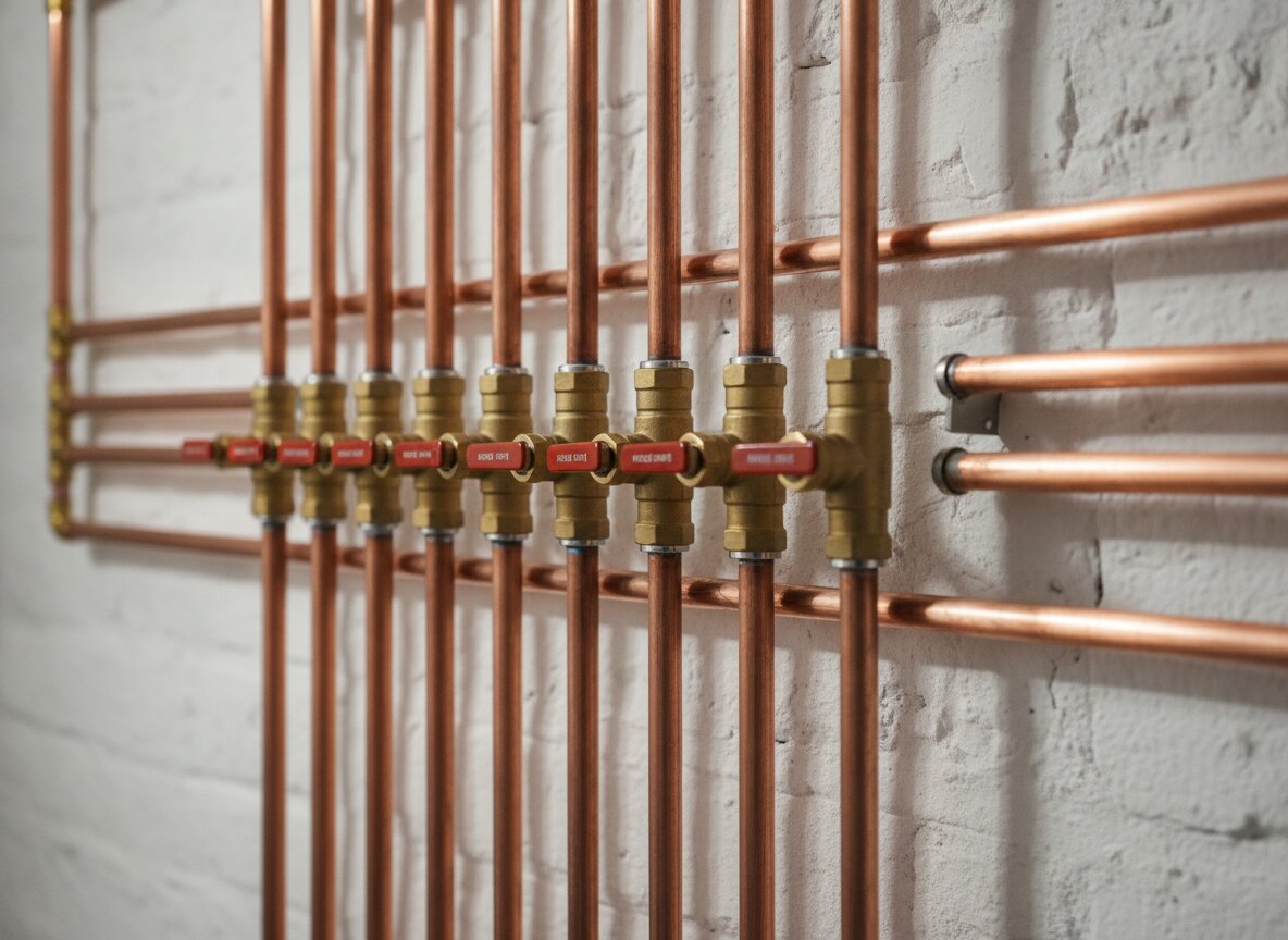 Copper manifold pipework with brass valves on a basement wall