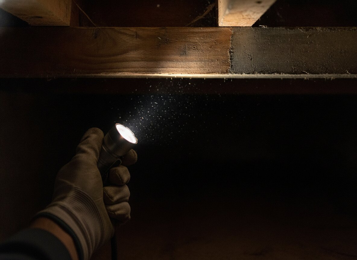 A flashlight raking across a wooden floor joist during a crawlspace inspection