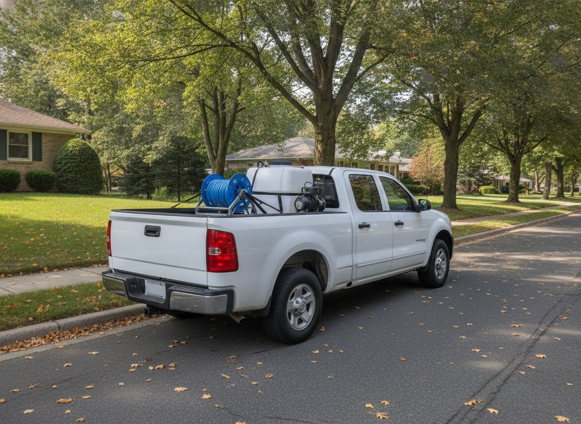 A white Mantis service pickup with a sprayer tank in the bed, parked on a tree-lined suburban street