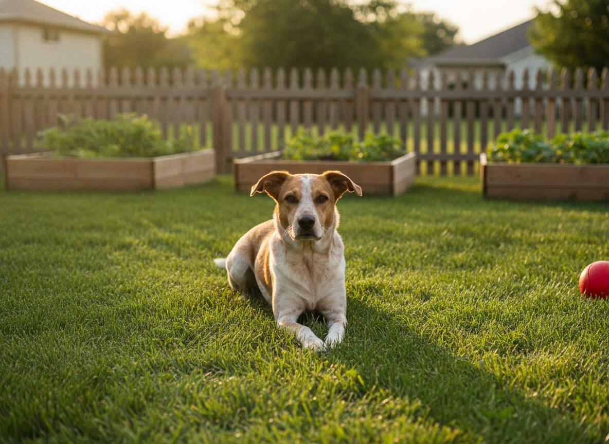 A dog lying on a tidy backyard lawn at golden hour with raised garden beds behind