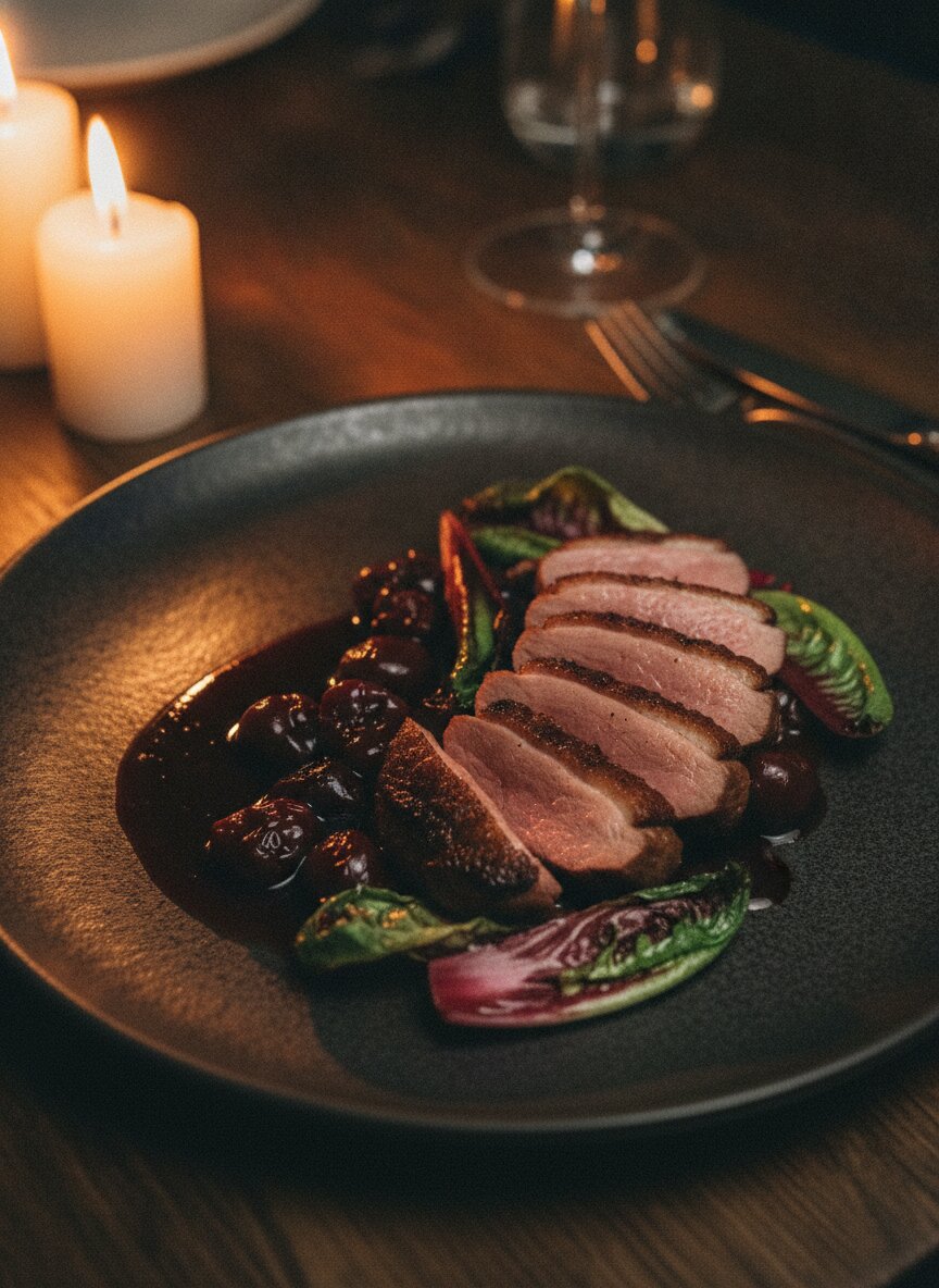 Dry-aged duck with cherries and chicory