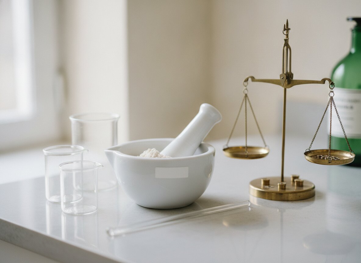 A porcelain mortar and pestle beside glass beakers on the compounding bench