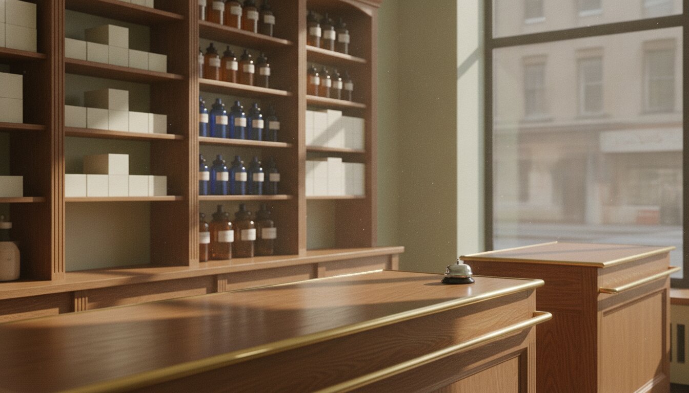 The front counter at Mortar & Pestle: oak shelves, apothecary jars and the brass bell