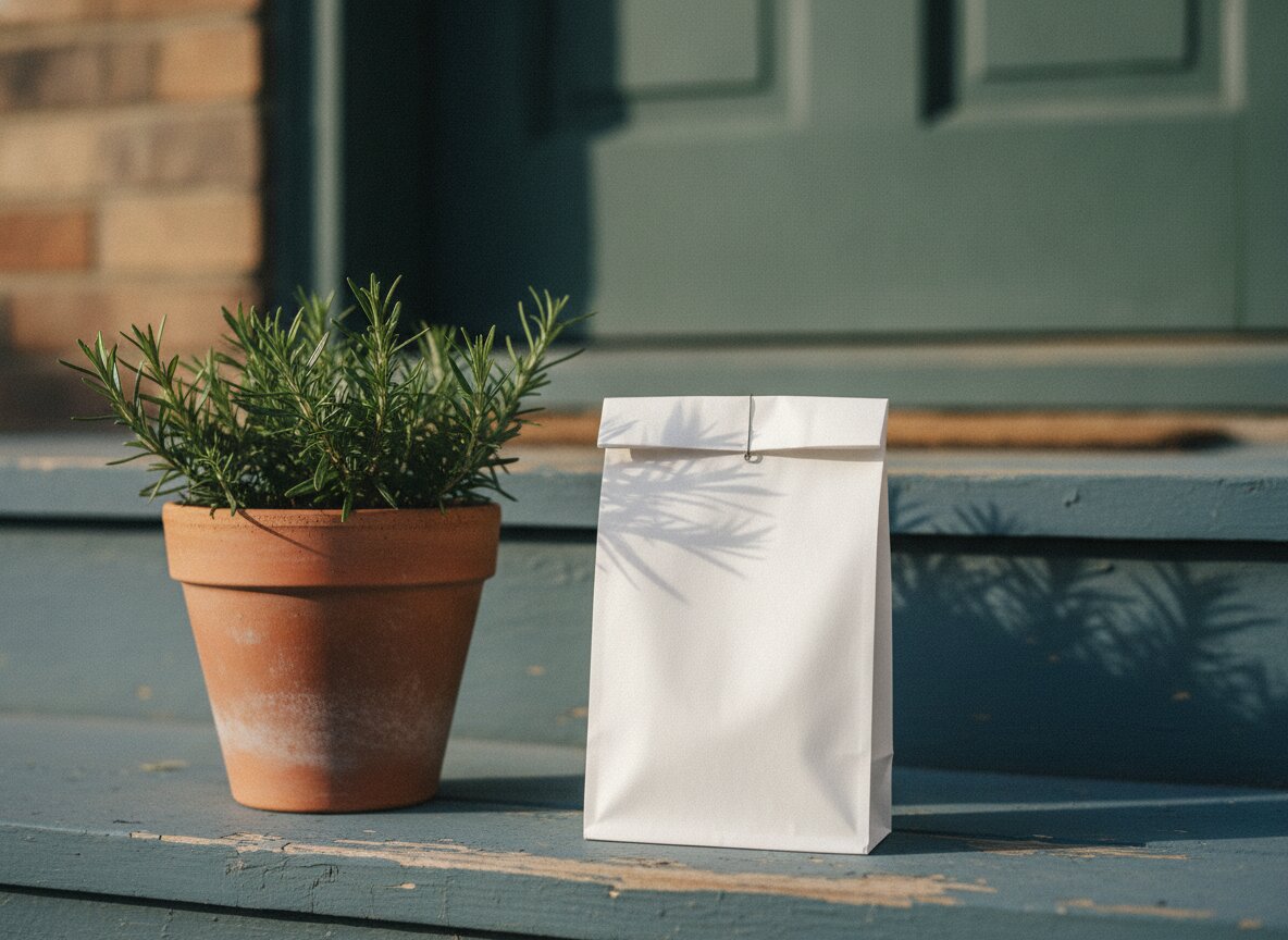 A prescription bag waiting on a front step beside a potted plant