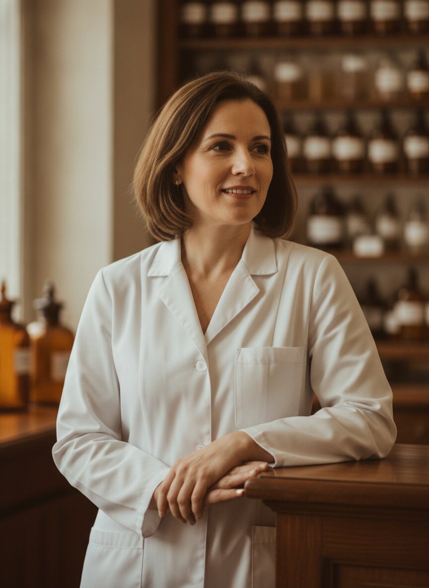 Hannah Brandt, pharmacist and owner, at the counter