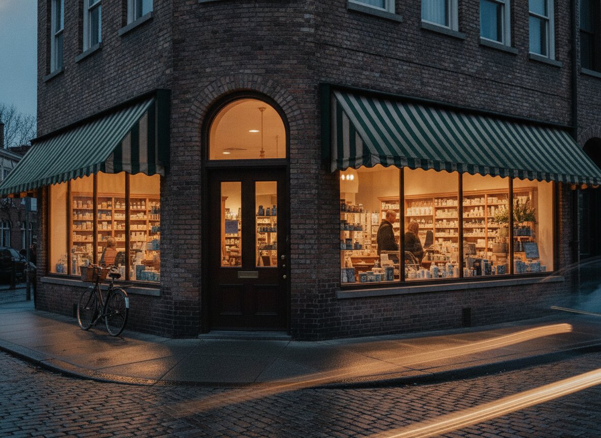 The corner storefront on Main Street at dusk, striped awning lit from inside