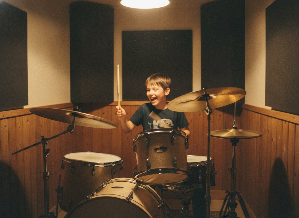 A young drummer mid-lesson in Room 4, sticks up