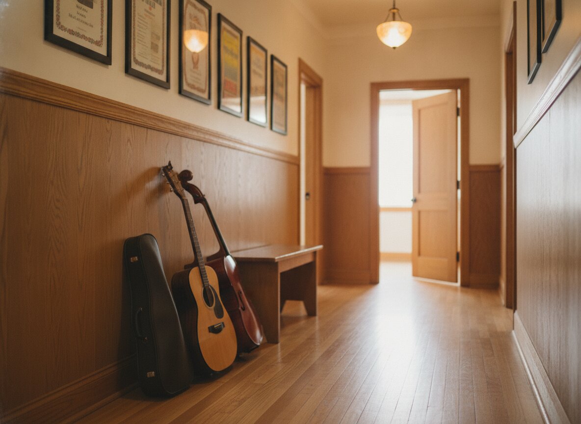 Instrument cases and recital posters in the Octave hallway