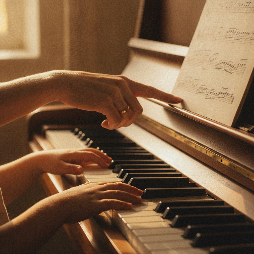 Ruth guiding a young pianist through sheet music