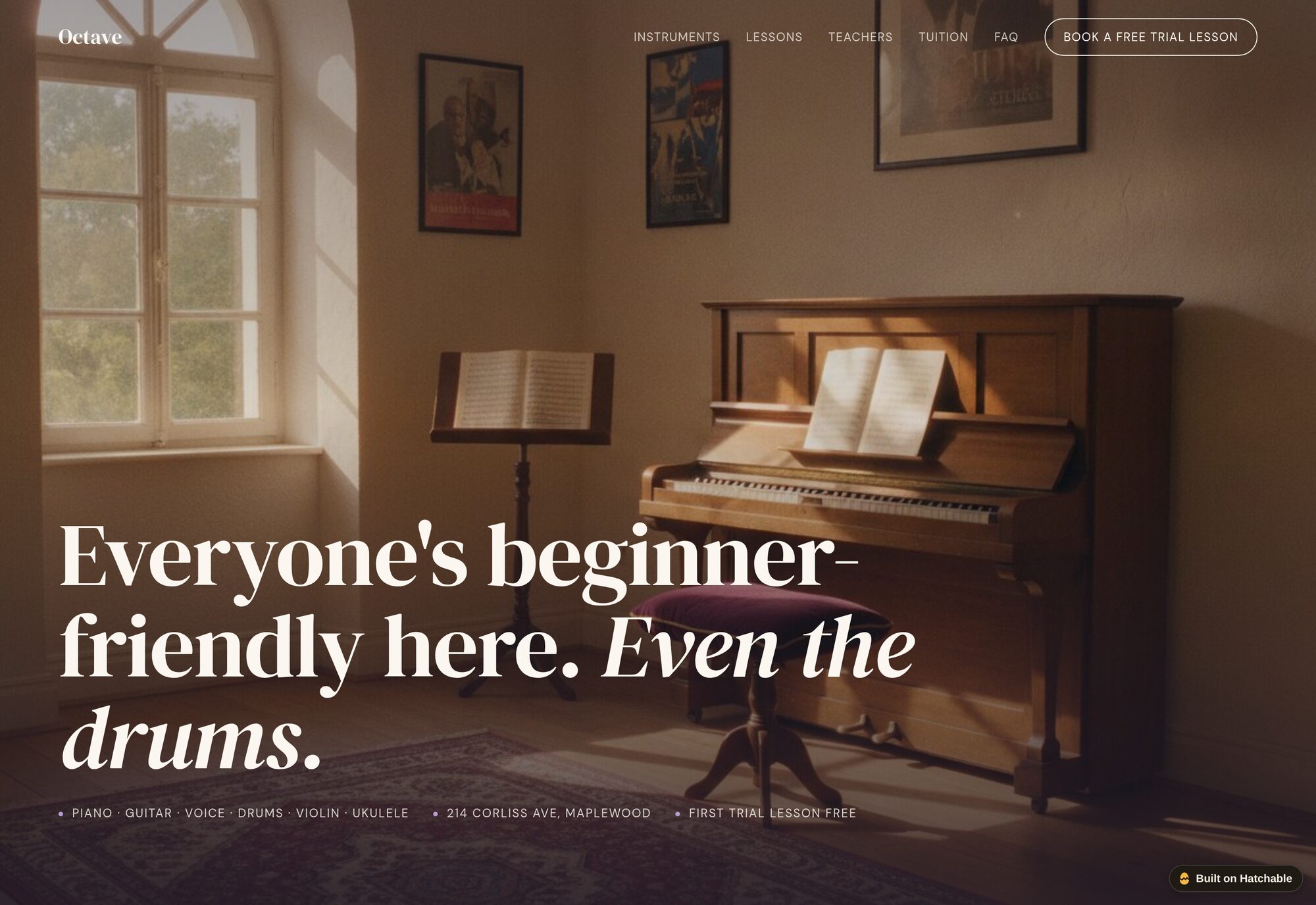 Octave music school website template — full design preview
