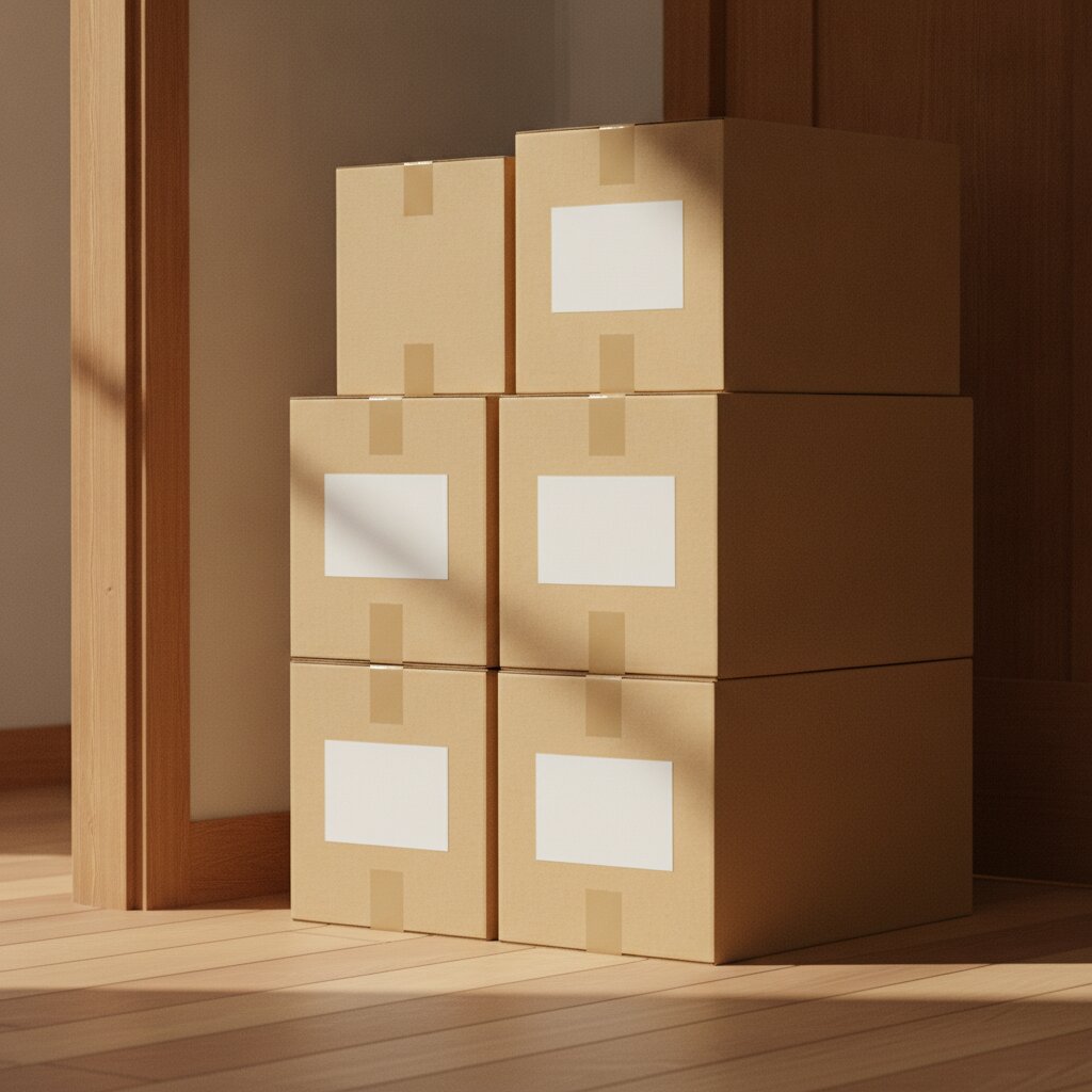 Neatly taped and labeled boxes stacked by a doorway