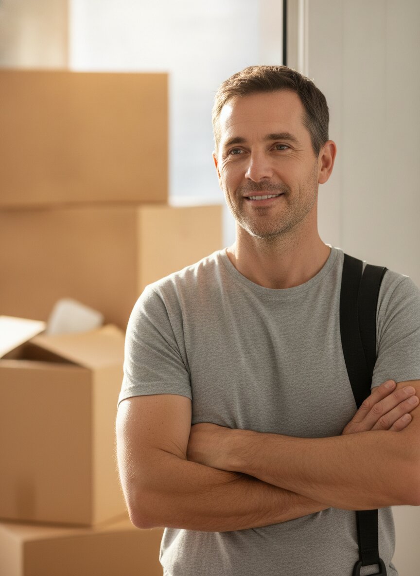 An Onward crew member with lifting straps over his shoulder