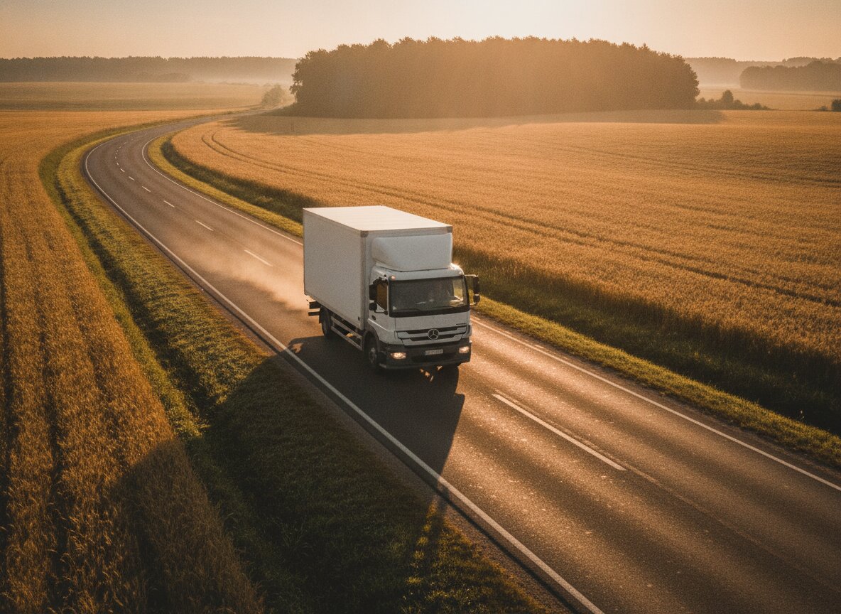 An Onward box truck on an open two-lane road in morning light