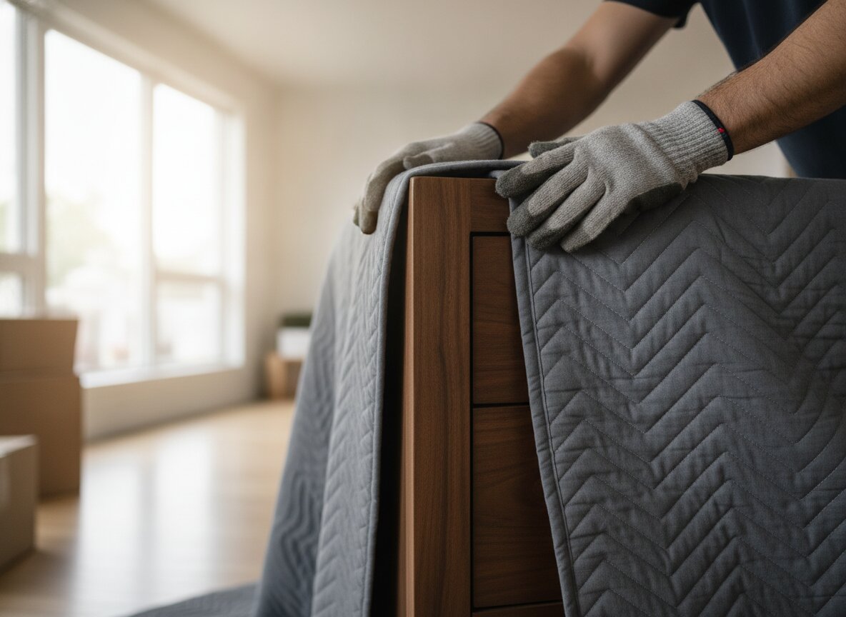An Onward mover wrapping a dresser in quilted moving blankets