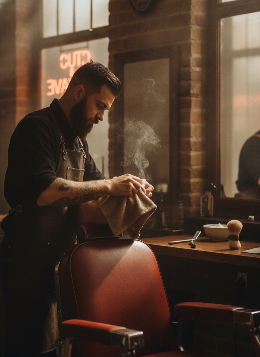 Sam finishing a hot-towel shave