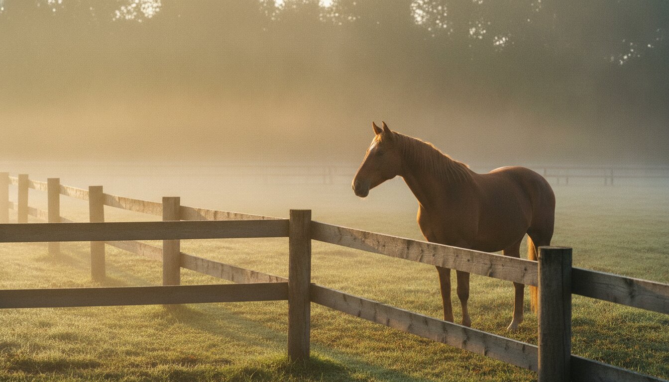 A chestnut horse standing in a fenced pasture in morning fog, low golden light behind