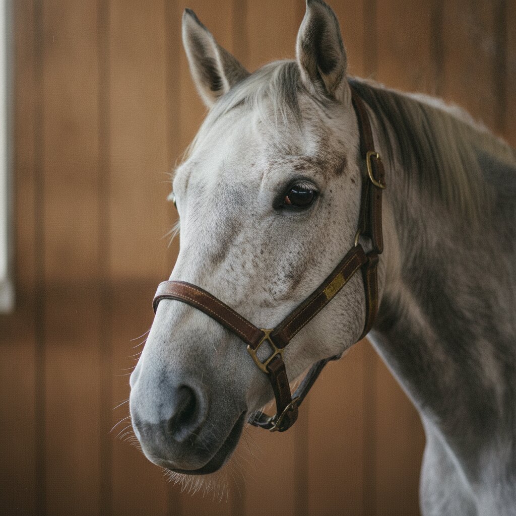 Biscuit, a dappled gray horse with a soft eye, in a leather halter